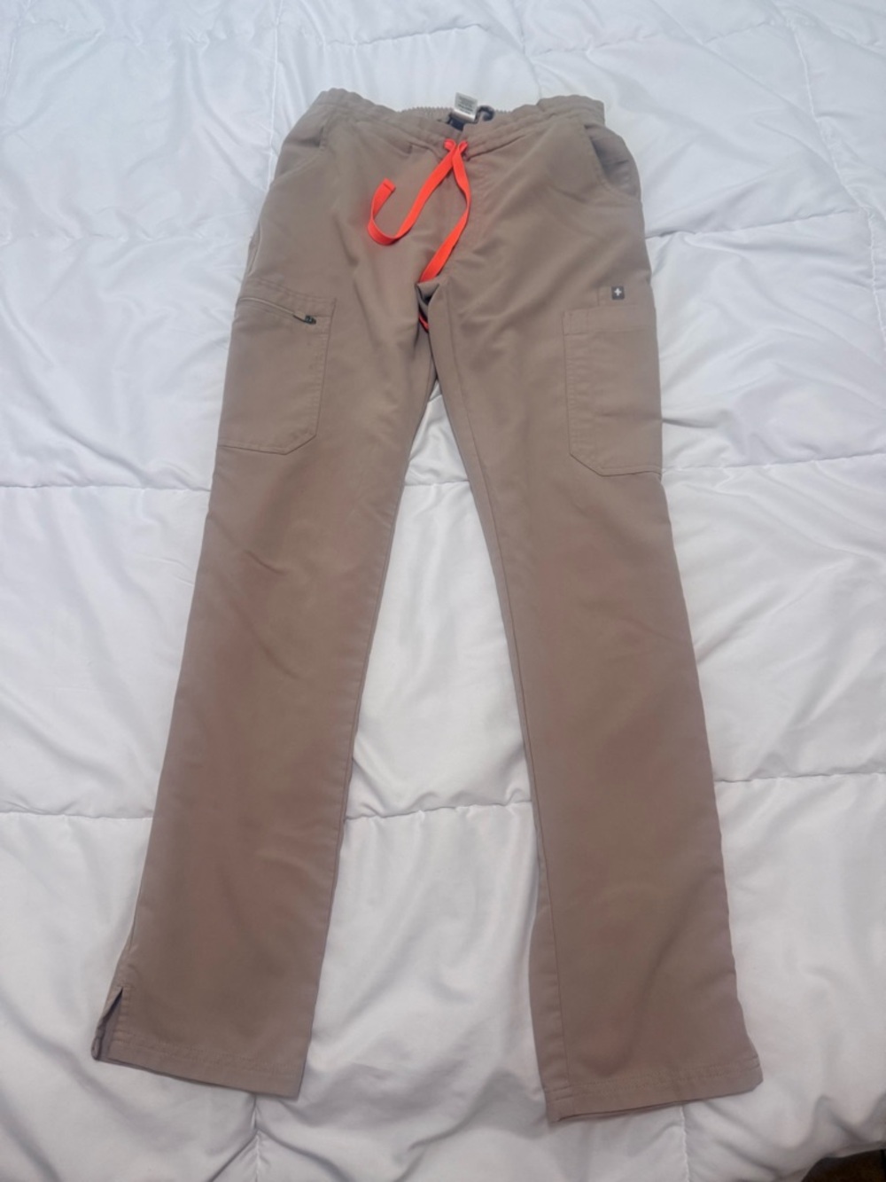 Figs Women's Wide Leg Scrub Pants in Tan with Orange Drawstring